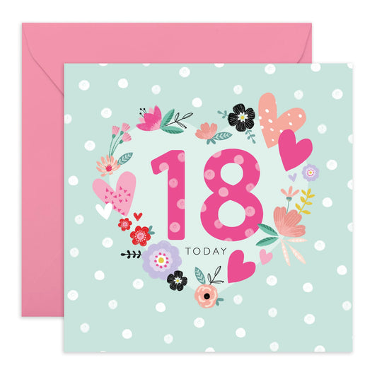 18th Birthday Card - 18 Dotty Floral Heart - Happy Eighteenth Birthday Cards - 18 Year Old Gifts For Best Friend Women Him Her - Floral Bday Card - From Mum Dad - Comes With Stickers By Central 23