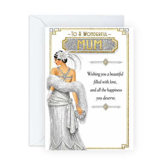 Fab Mother’s Day Card – Filled with Love and Happiness for Mum Mama Mummy Her Wife Women From Son Daughter Husband – Glamorous Silver Gold Keepsake Greeting - Comes with Cute Stickers