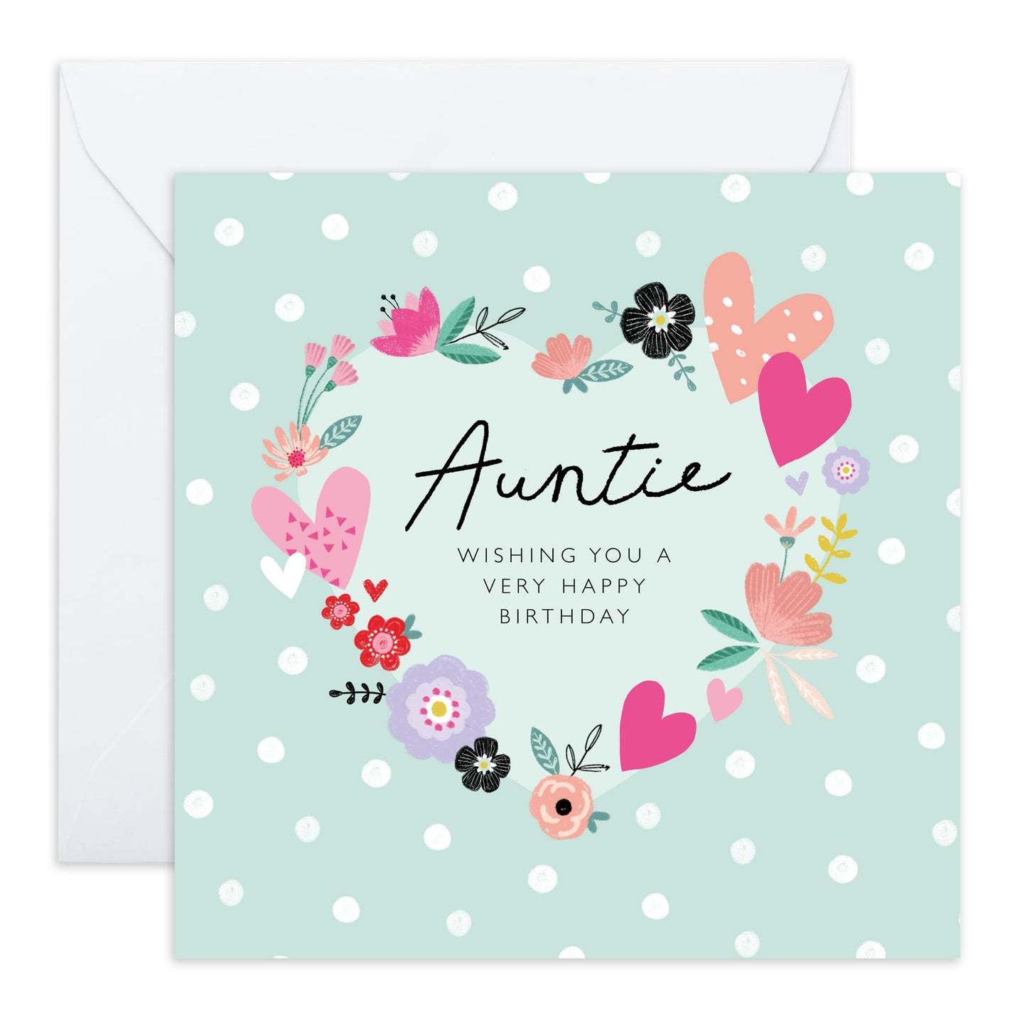 Auntie Birthday Card - Hearts Flowers Polka Dots - Happy Birthday Aunt Greeting Cards - Gifts For Her Women Female From Niece Nephew - Comes With Stickers By Central 23