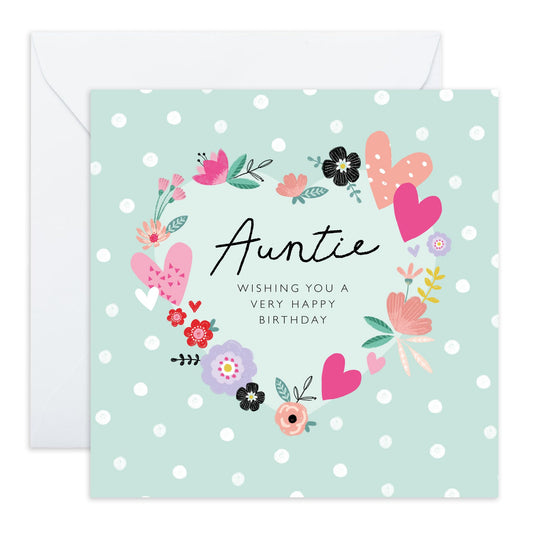 Auntie Birthday Card - Hearts Flowers Polka Dots - Happy Birthday Aunt Greeting Cards - Gifts For Her Women Female From Niece Nephew - Comes With Stickers By Central 23