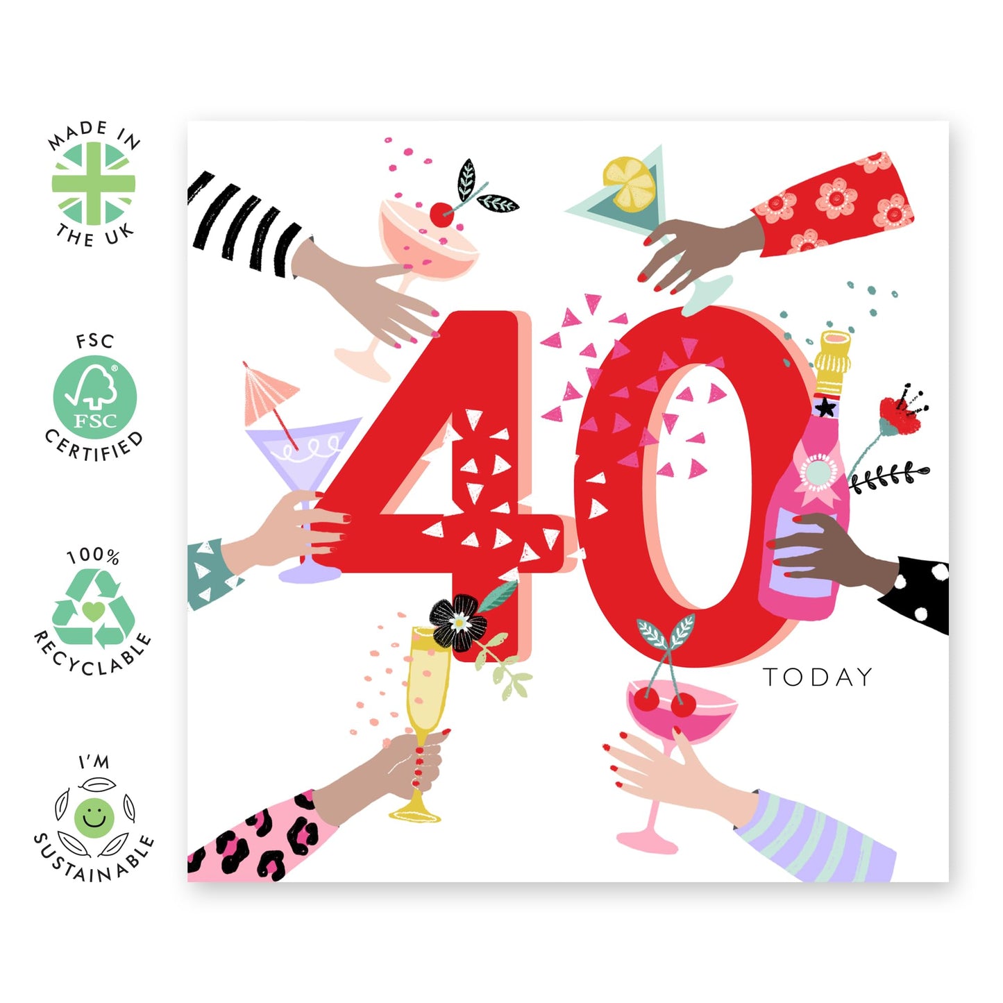 Elegant Birthday Card For Women Age 40 - Cheers To 40 - Happy 40th Birthday Cards For Sister - Fortieth Greeting Cards - Gifts For Wife Mum Mummy Aunt - Comes With Stickers By Central 23