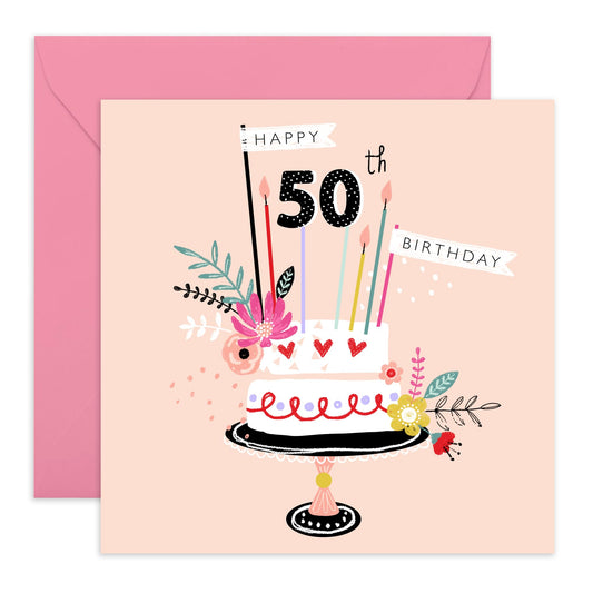 50th Birthday Card For Her - 50th Birthday Cake - Mummy Floral Birthday Card - Wife Mum - Gift For Women - Fiftieth Birthday Greeting Card Sister Female Friend - Comes With Fun Stickers By Central 23