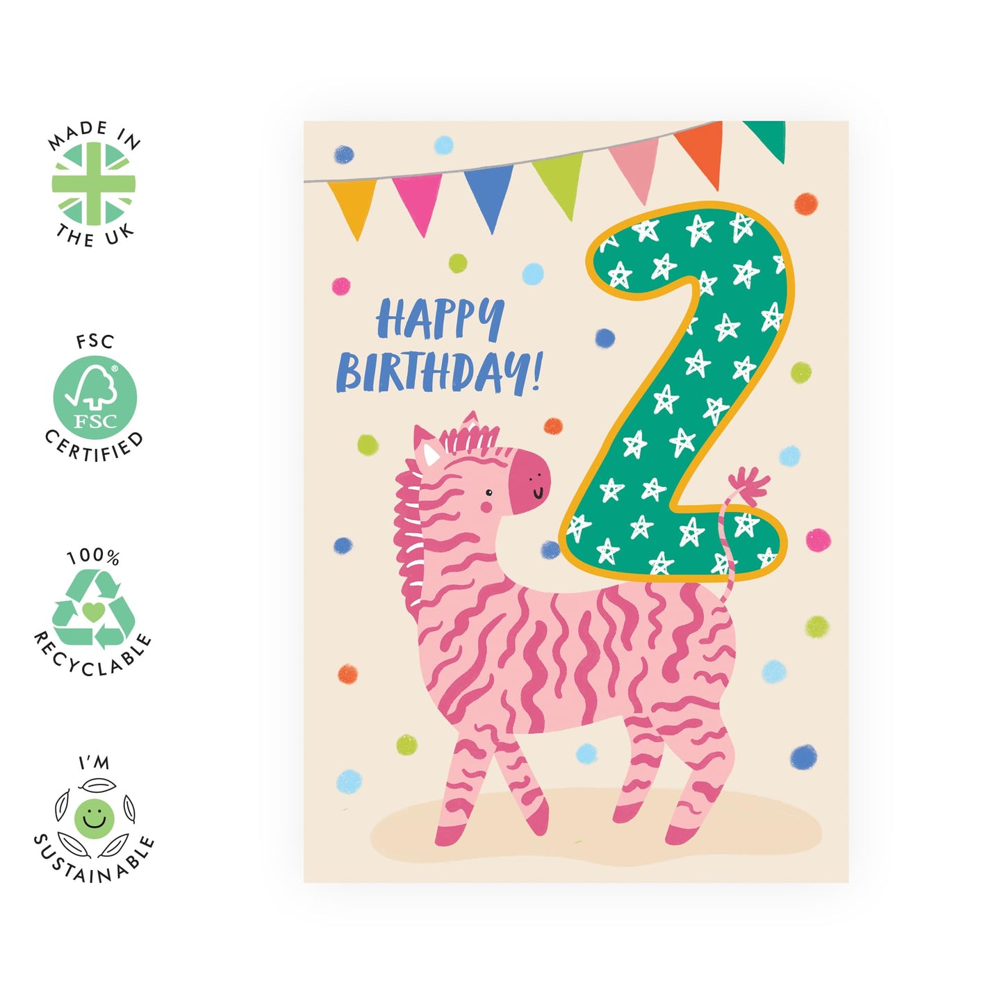 Happy 2nd Birthday Cards For Girls Boys - Party Zebra Two Year Old - Second Birthday Cards For Kids Baby Toddlers - Gifts For Son Daughter Godson Granddaughter - Comes With Stickers By Central 23