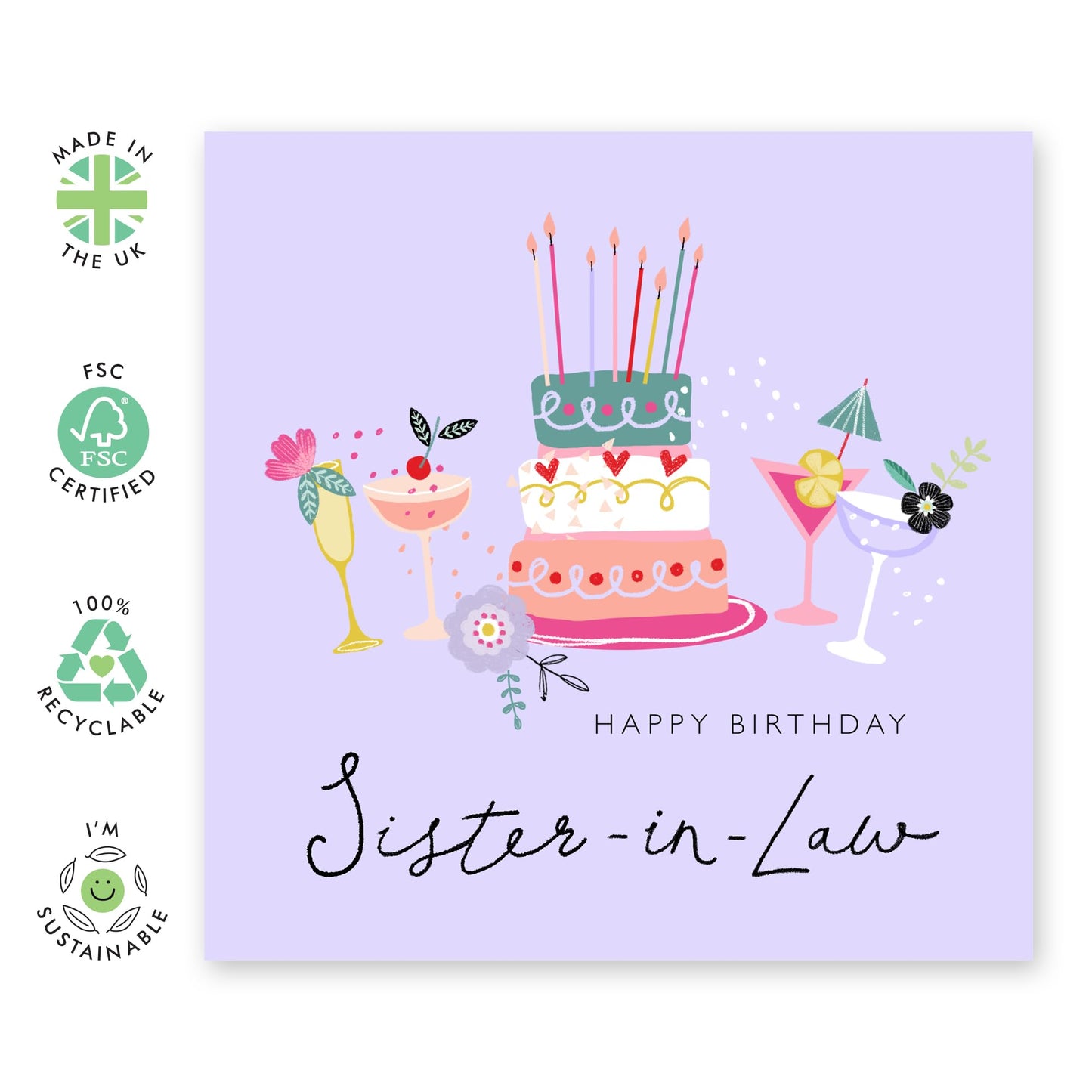 Purple Birthday Cards For Sister In Law - Bday Cake And Cocktails - Happy Birthday Greeting Cards For Sis-in Law - Sweet Heartfelt Gifts For Her Female Women - Comes With Fun Stickers By Central 23