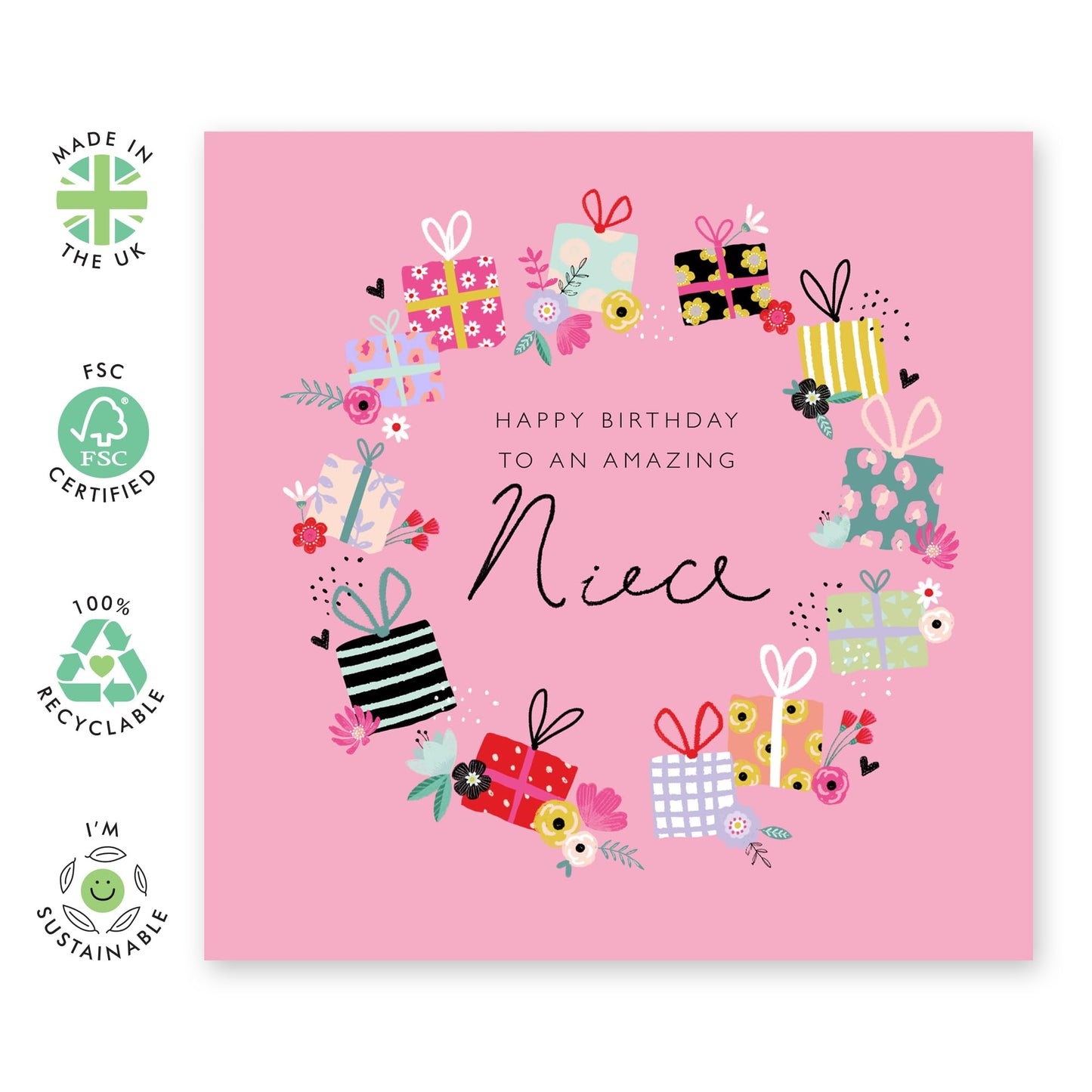 Pink Birthday Card For Niece - Pink Gifts And Presents - Niece Birthday Cards For Girls Teens - Trendy Happy Bday Cards For Her Women Female - Comes With Stickers By Central 23