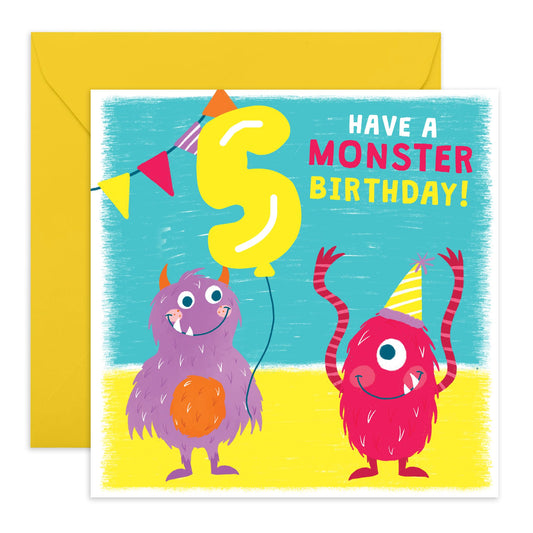 5th Birthday Card Boy Girls - Party Monsters - Happy Birthday Card For Kids - Fifth Bday Milestone Gifts For Son Daughter Nephew Niece Grandson - Age Five - Comes With Stickers By Central 23