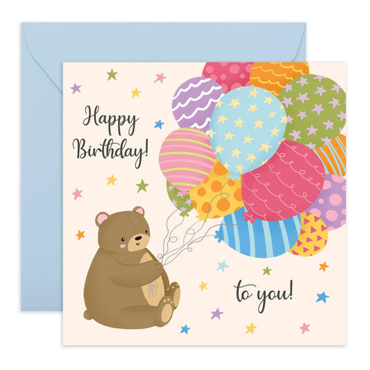 Cute Bear Birthday Card - 'Birthday Bear Balloons' - Gifts for Kids, Children, Girlfriend, Boyfriend, BFF, Bestie, Sister, Colleagues, Niece, Nephew - Colourful - Comes with Fun Stickers