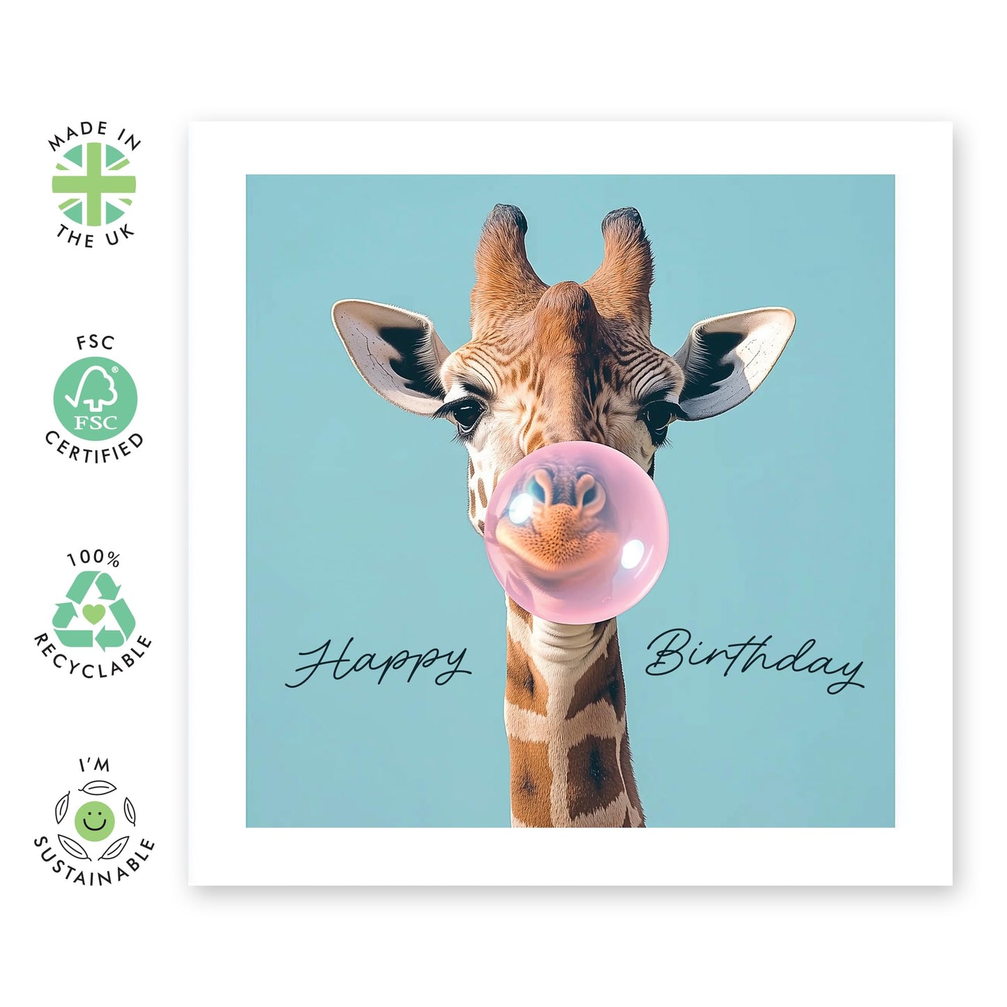 Cute Giraffe Birthday Card - 'Bubblegum' - Presents for Animal Lovers, Friends, BFF, Bestie, Her, Girls, Sister, Women or Family - Sassy and Fab - Comes with Fun Stickers