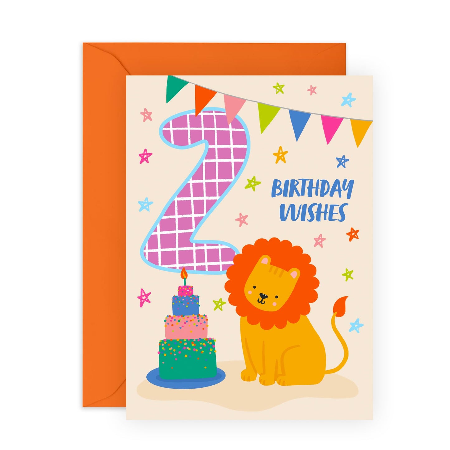 Boys Birthday Cards Age Two - Bday Cake Lion - 2nd Birthday Cards For Kids Girls Toddlers - Gifts For Son Daughter Niece Nephew Godson - Happy Second Bday Card - Comes With Stickers By Central 23