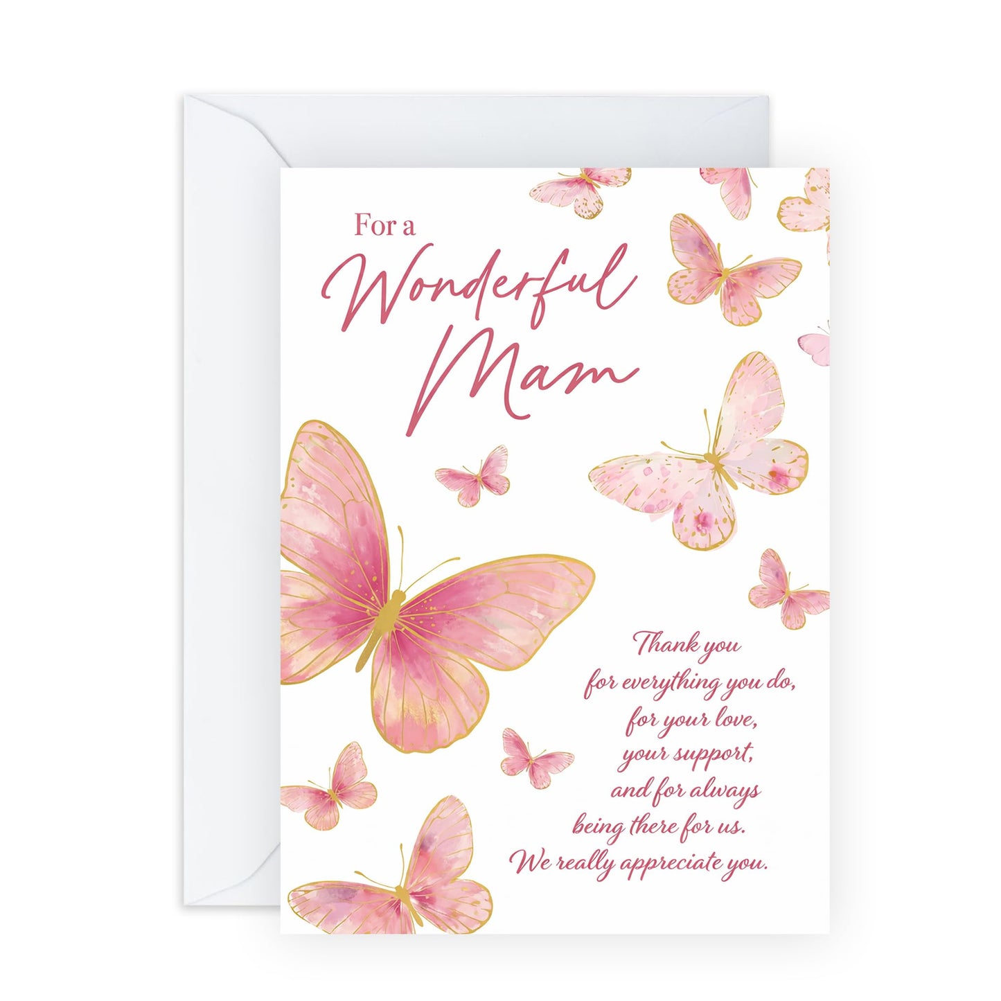 Mam Mother’s Day Card – Thank You, Pink Butterfly Design for Mum Her Mama Mummy From Son Daughter Family – Sweet Appreciation Greeting - Comes with Thoughtful Stickers
