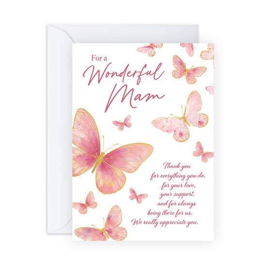 Mam Mother’s Day Card – Thank You, Pink Butterfly Design for Mum Her Mama Mummy From Son Daughter Family – Sweet Appreciation Greeting - Comes with Thoughtful Stickers