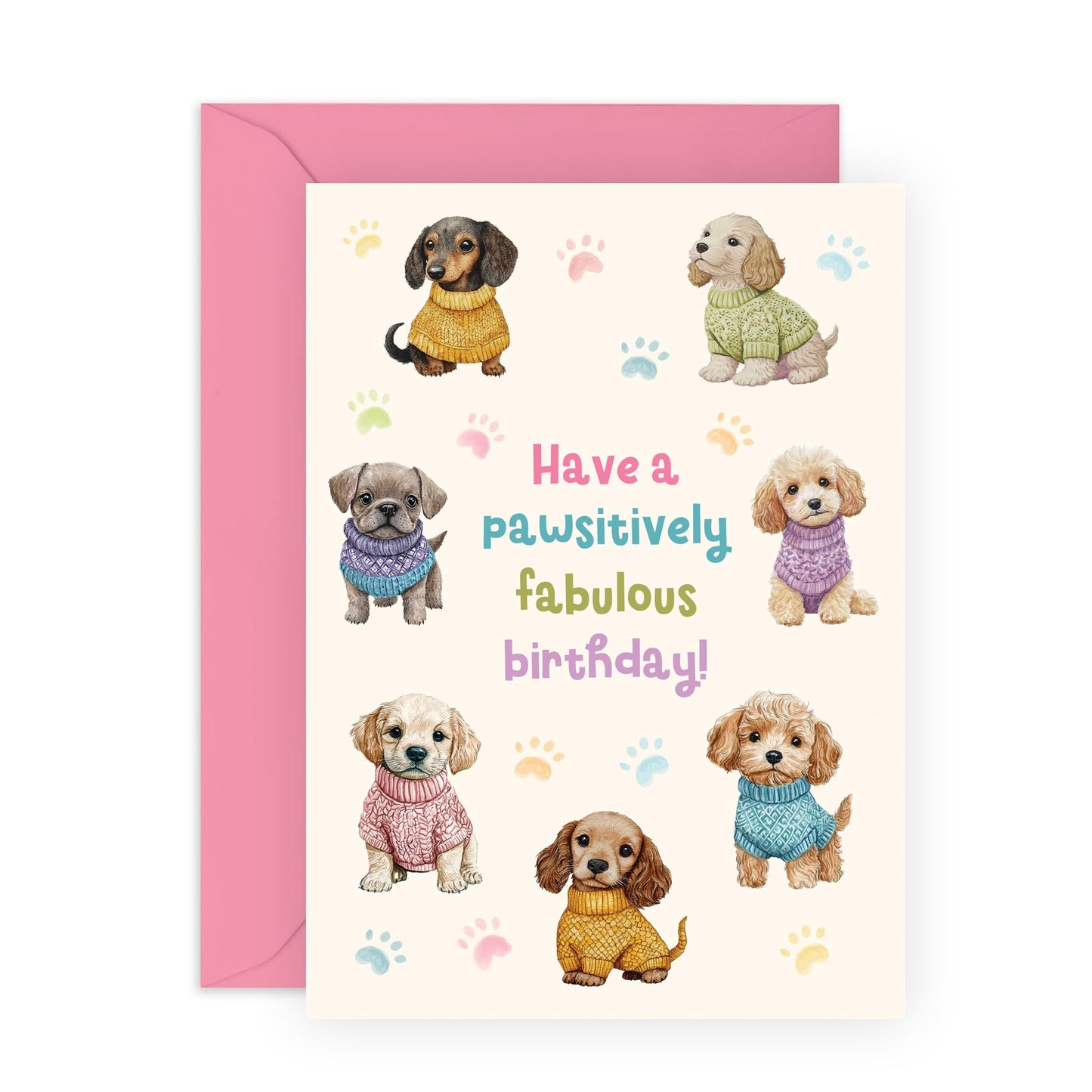 Cute Dogs Birthday Card - 'Pawsitively Fabulous Puppies' - Gifts for Fur Dad & Mum, Besties, Best Friends, Dog Owners, Pet Lovers- Dogs in Sweaters - Comes with Fun Stickers