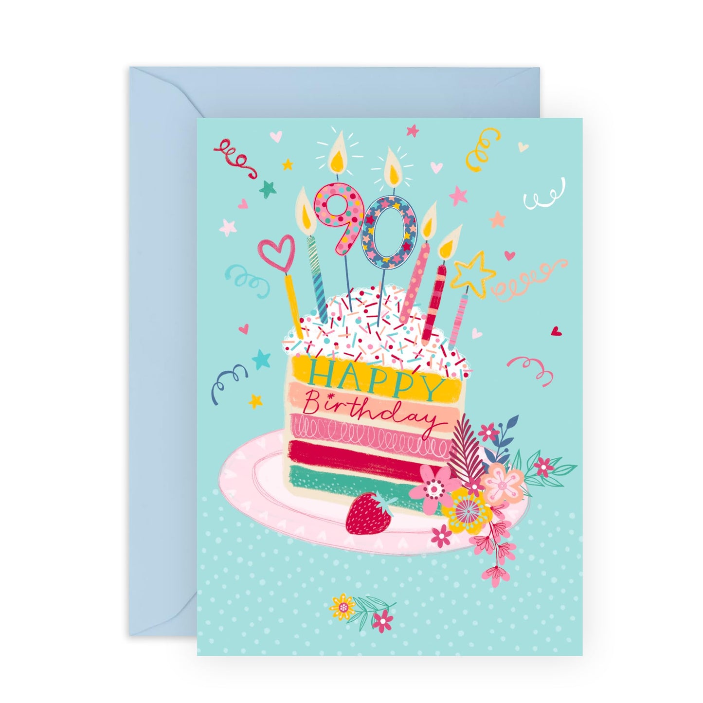 90th Birthday Card For Women - Cake 90 - Floral Gifts For Her - Pretty Ninetieth Birthday Cards For Sister Friends Mum Auntie Grandma Wife - Comes With Fun Stickers - By Central 23