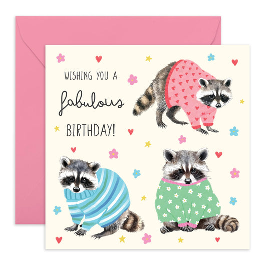 Animals In Sweaters Birthday Card - 'Fabulous Birthday Raccoons' - Gifts for Girls, Daughter, Niece, Grandaughter, Bestie, BFF, Friends, Her - Cute Hearts - Comes with Fun Stickers