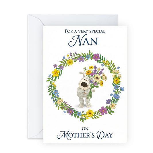 Mother’s Day Card for Nan - ‘For a Very Special Nan’ Floral Greeting Card - Cute Puppy & Flower Wreath Design - Thoughtful Keepsake for Nanna - Made in UK - Includes Premium White Envelope
