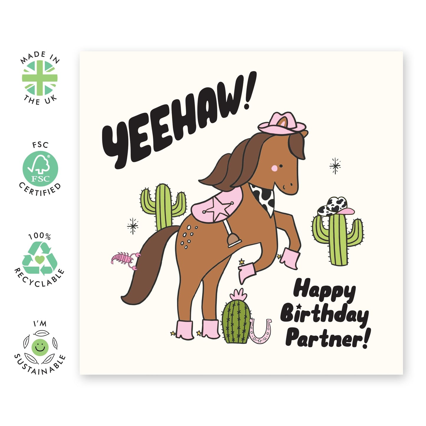 Country Birthday Card - "Yeehaw Partner!" – Presents for Cowgirls, Girlfriends, Besties, Wife, BFF, Best Friend, Sister, Her, Women - Western Horse Design – Comes with Fun Stickers