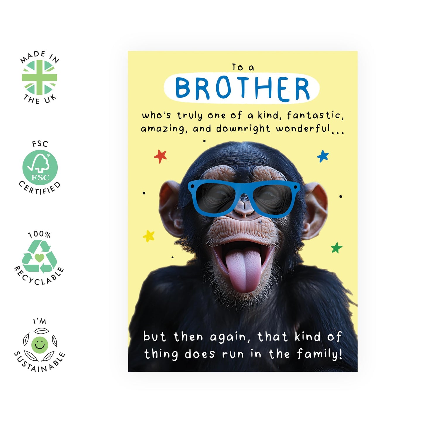 Funny Ape Birthday Card - 'Fantastic Brother' - Hilarious Gifts for Bro, Bruv, Sibling, Family, Him - Runs In The Fam - Comes with Fun Stickers
