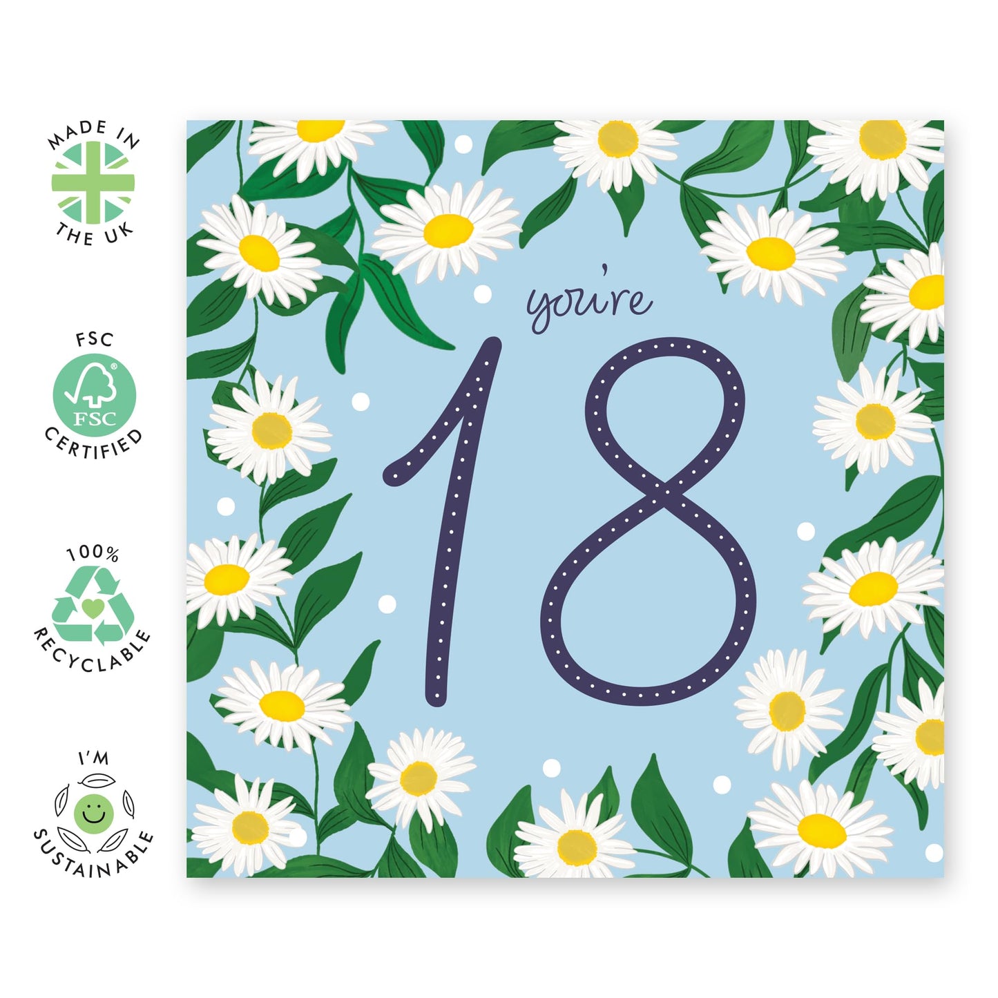 18th Birthday Card - Daisy Chain 18 - Happy Eighteenth Birthday Cards - Floral Birthday Card - 18 Year Old Gifts For Best Friend Women Him Her - Comes With Fun Stickers - By Central 23