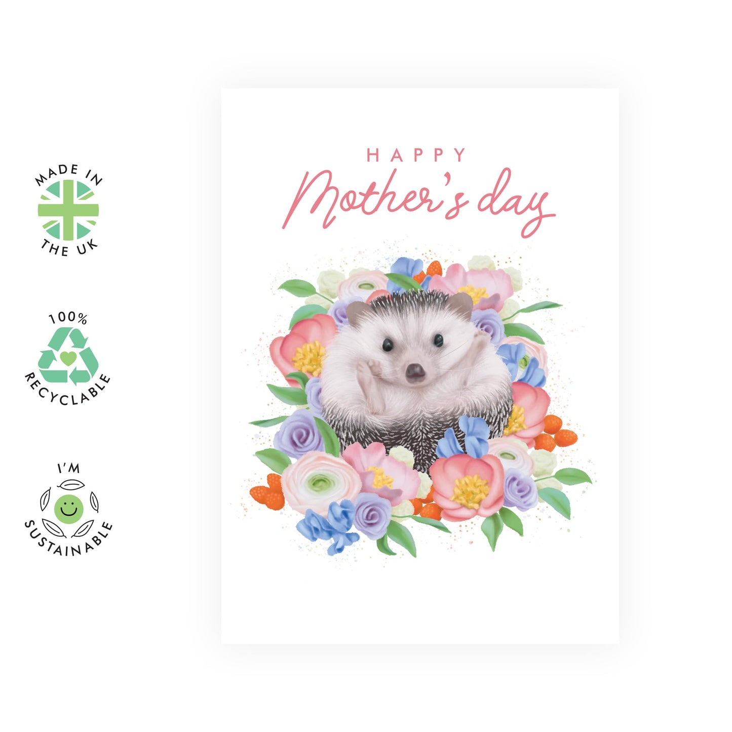 Happy Mother’s Day Card – Adorable Hedgehog & Floral Wreath – Cute & Heartwarming Design for Women, Mama, Ma, Her, Wife, Sister, Grandma, Nan, Auntie, Friends - Comes with Stickers