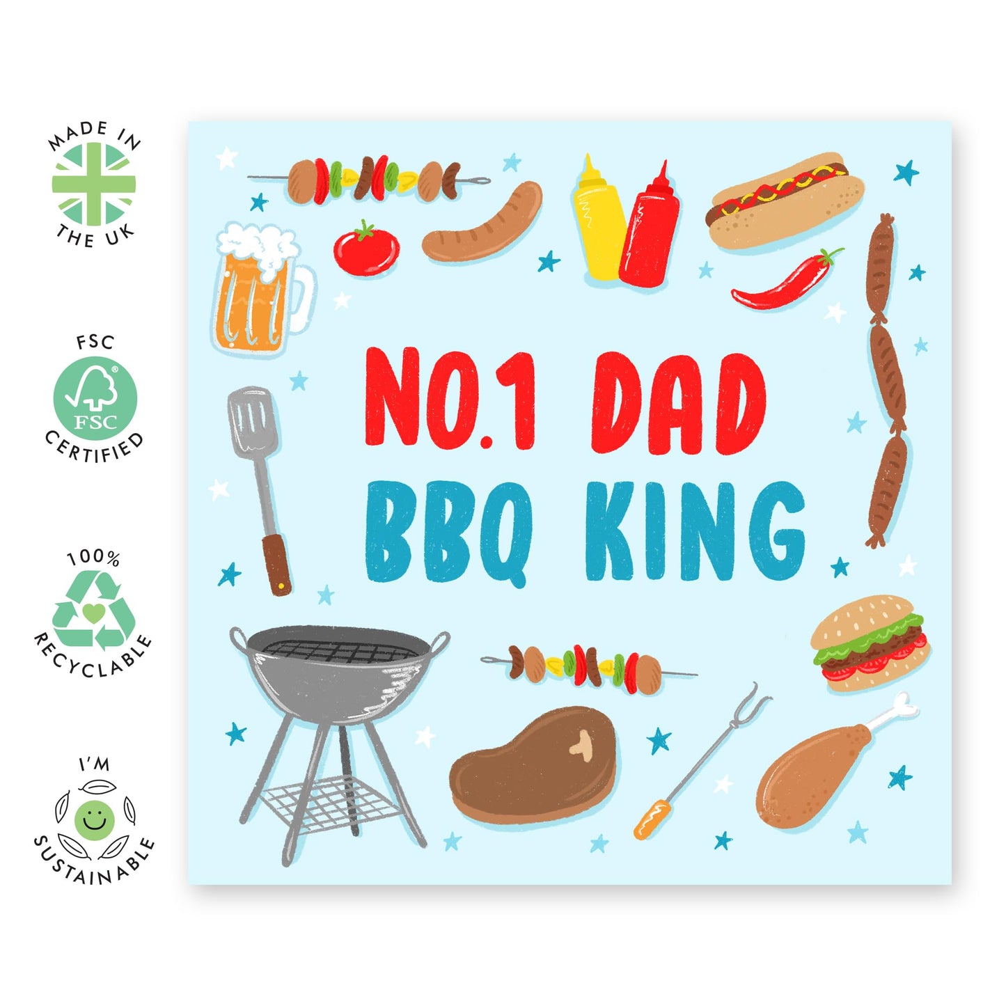 Greeting Card - 'NO. 1 BBQ KING DAD' - Perfect for Celebrating with a Fun BBQ Theme - Ideal for Showing Your Love and Appreciation for the Dad Who Masters the Grill - Comes With Stickers By Central 23