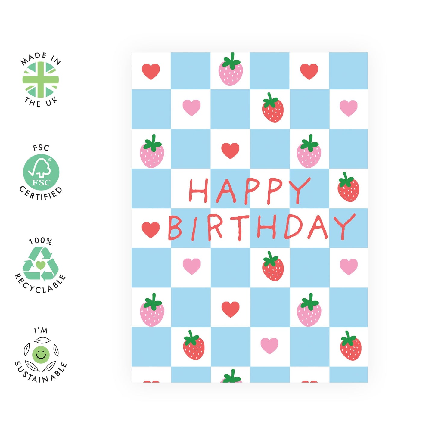 Birthday Greeting Card - 'HAPPY BDAY STRAWBS AND HEARTS' - Perfect for Celebrating with a Sweet Touch - Ideal for Her, Friends, Sisters, BFFs, Mums, Girlfriend, Wife- Comes With Stickers By Central 23