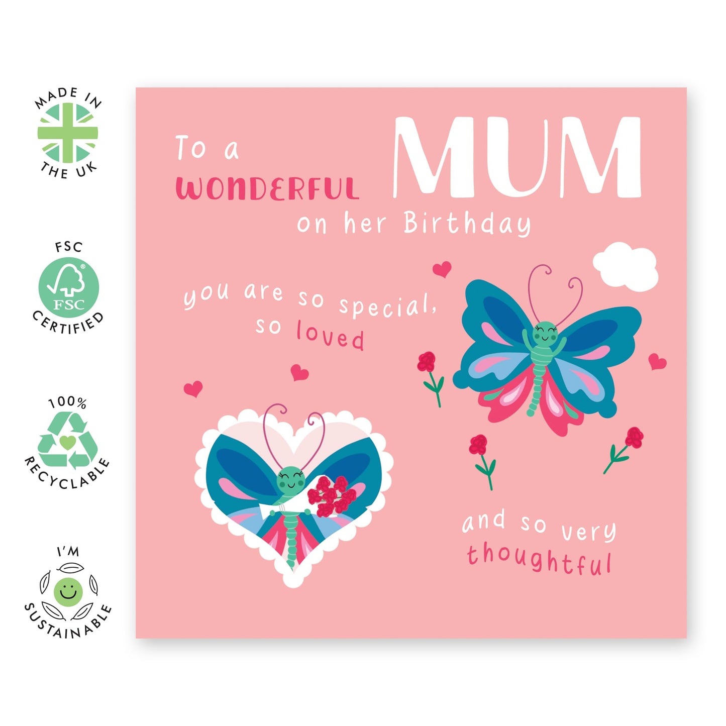Mum Birthday Card - Butterfly - Sweet Birthday Cards For Women - Gifts For Mummy Mom Mam Step Mum From Daughter Or Son - Comes With Stickers - Blank Inside - By Central 23