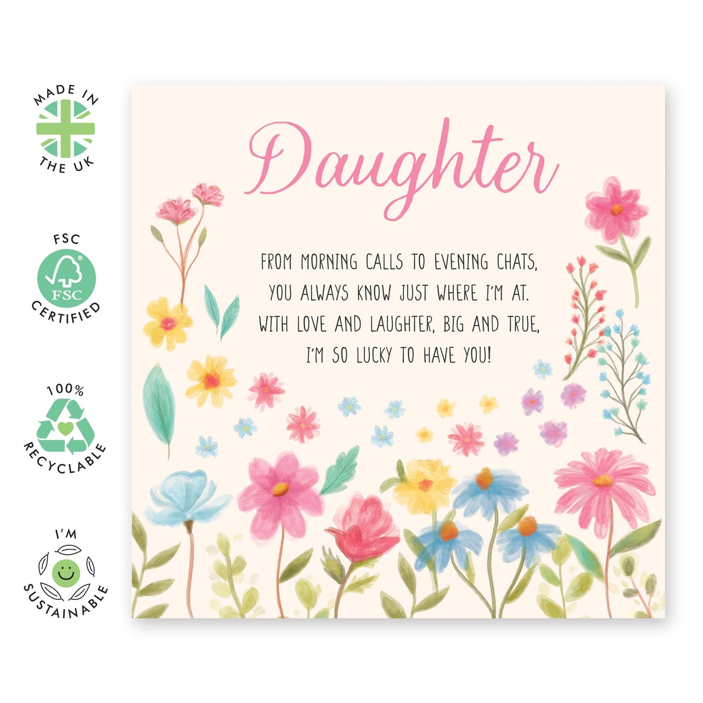 Daughter's Birthday Card - 'Daughter Floral' - Gifts for Girls, Children, Teenagers, Middleschool, Adults from Mum & Dad - Lucky To Have You - Comes with Fun Stickers