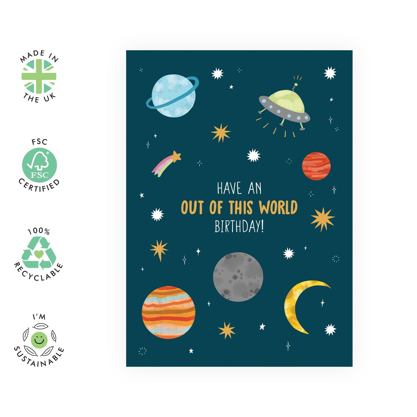 Space Birthday Card - 'Out Of This World Birthday Space' - Gifts for Him, Boys, Men, Friends, Nephew, Brother - Planets & UFO - Comes with Fun Stickers