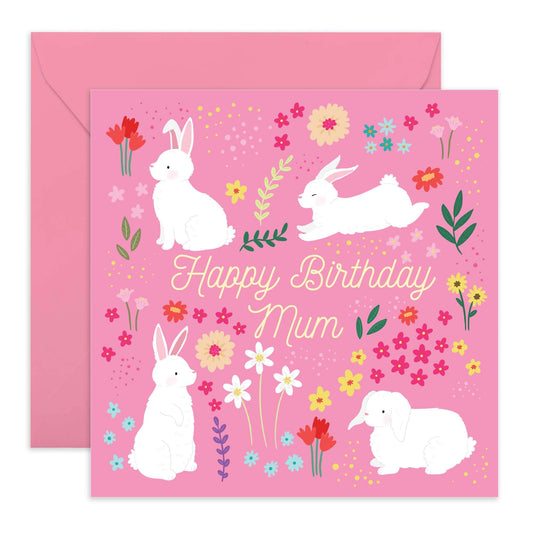 Happy Birthday Mum - Birthday Bunnies - Floral Birthday Cards For Women - Greeting Cards Birthday Female - Gifts For Mummy Mam Step Mum From Daughter Son - Comes With Stickers - By Central 23