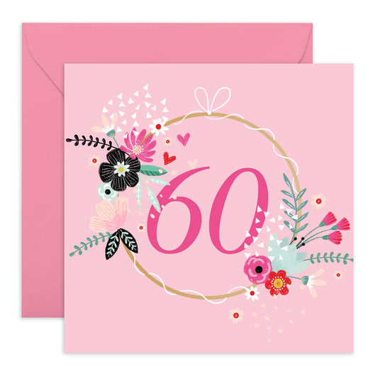 Floral Birthday Card For Women Age 60 - Elegant Pink Greeting Cards For Her Sixtieth Bday - Happy 60th Birthday Cards For Mum - Gifts For Friends Aunt Daughter - Comes With Stickers By Central 23