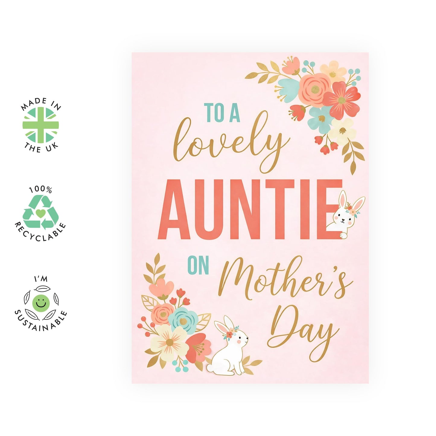 Auntie Mother’s Day Card – Lovely Auntie Floral Bunny Greeting for Aunt Her Family From Niece Nephew Family – Cute Pastel Keepsake Greeting - Comes with Cute Stickers
