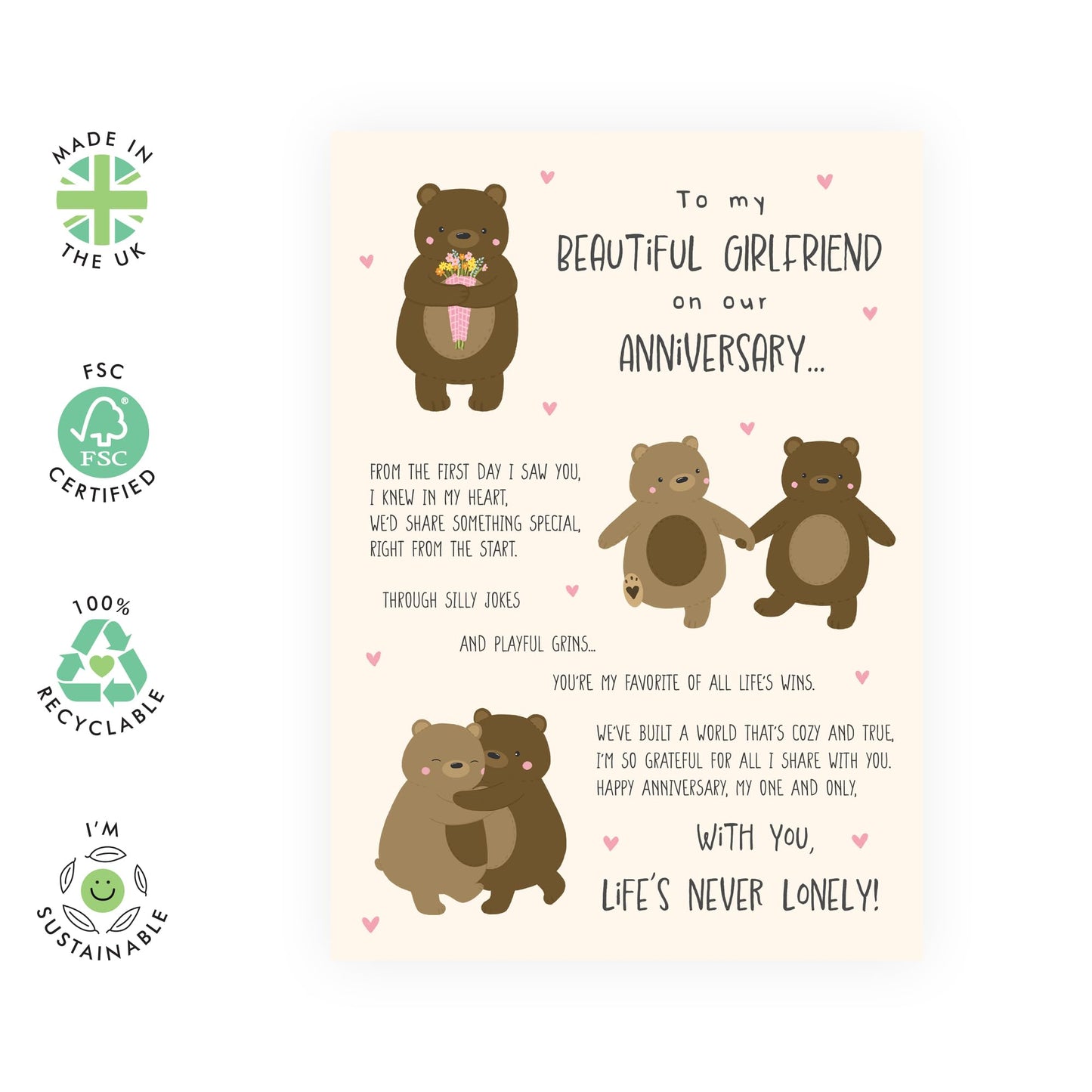 Romantic Anniversary Card with a Message - 'Bear Girlfriend Anniversary' - Gifts for Beautiful Babe, Other Half, Darling, My Girl, Her, Girls - Sweet Brown Bears - Comes with Fun Stickers