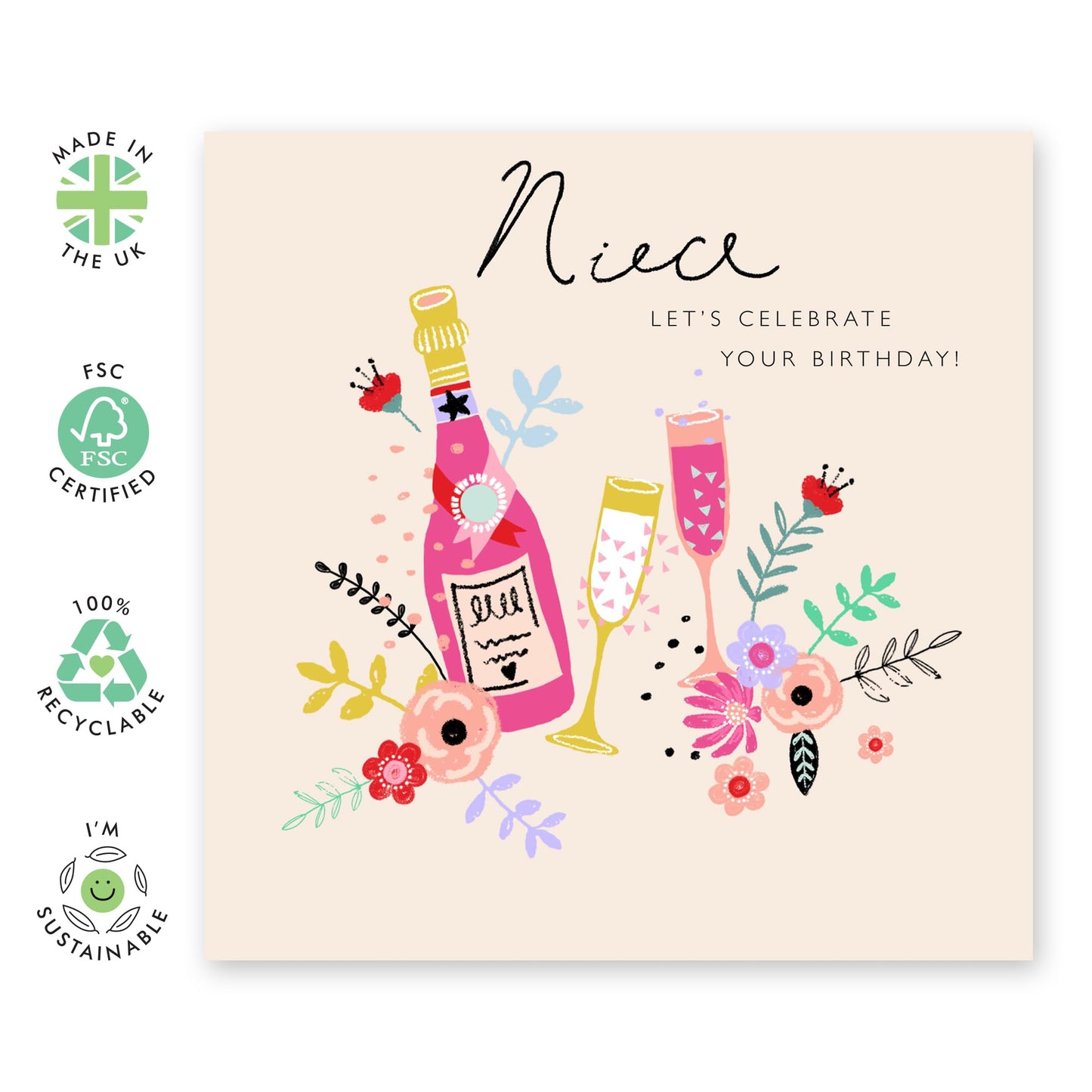 Birthday Card For Niece - Let's Celebrate Your Birthday - Niece Birthday Cards For Girls Teens - Flower Champagne Celebration - Greeting Cards For Her Women Female - Comes With Stickers By Central 23