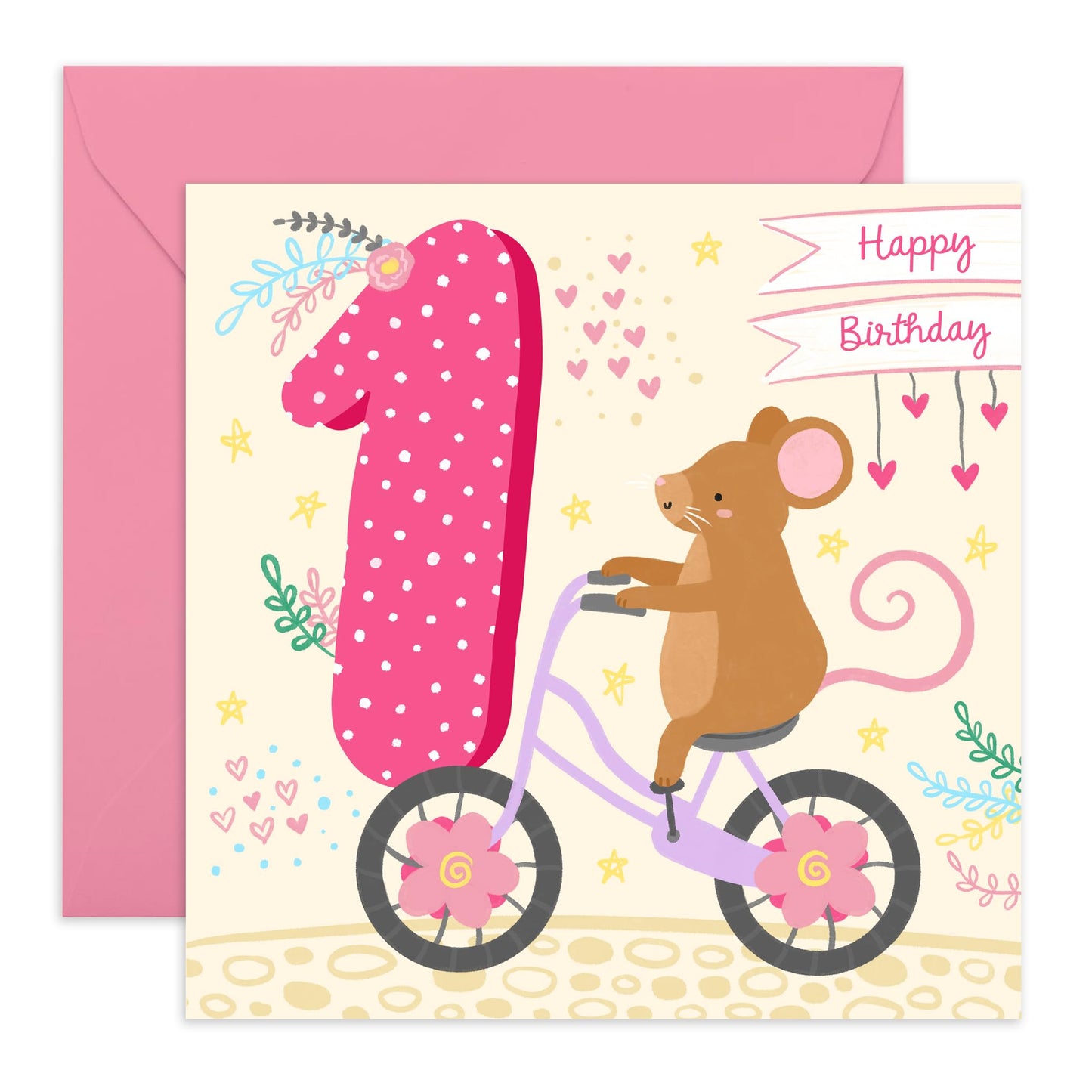 First Birthday Card Girl - Happy Birthday Cards For Her Age One - 1st Birthday Card Girl Boy Toddler Baby - Mouse Hearts Pink - Gifts For Son Granddaughter - Comes With Cute Stickers - By Central 23