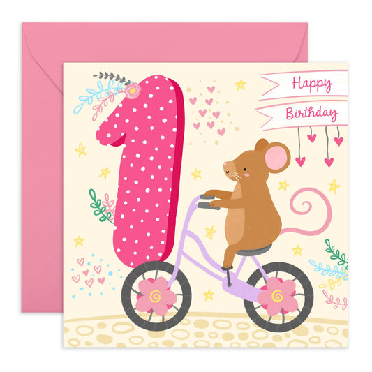 First Birthday Card Girl - Happy Birthday Cards For Her Age One - 1st Birthday Card Girl Boy Toddler Baby - Mouse Hearts Pink - Gifts For Son Granddaughter - Comes With Cute Stickers - By Central 23