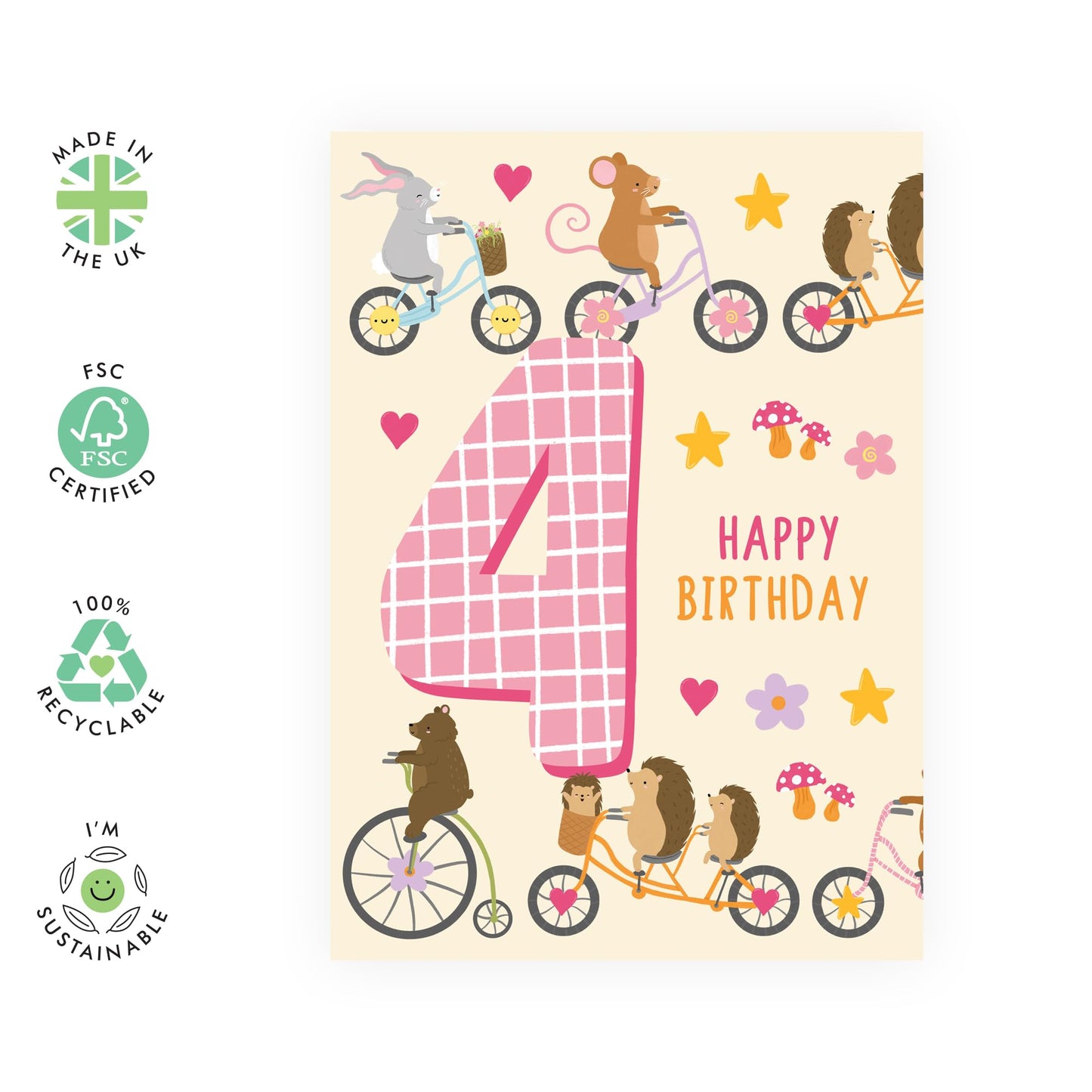 4th Birthday Card Boys Girls- Children Age 4 Animals On Bike - Baby Milestone Cards Age Four - Forth Birthday Cards - Animal - Gifts For Son Daughter Niece Nephew - Comes With Stickers By Central