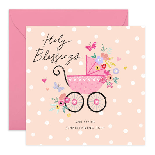 Dedication Day For Baby Girl - Pink Pram Christening - Baptismal Card Baby - Christening Card For Niece - Baptism Granddaughter - Gift From Aunt Uncle - Comes With Fun Stickers By Central 23