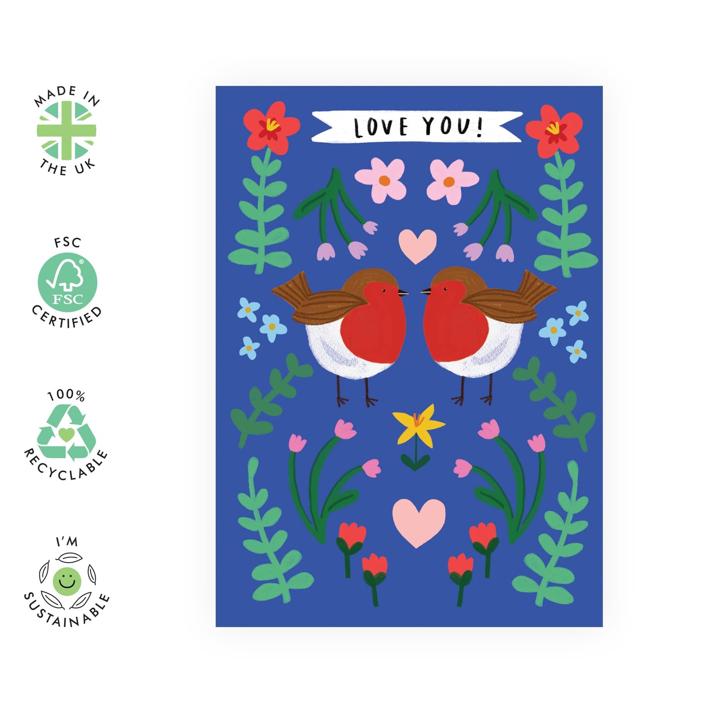 Cute Anniversary Card - 'Robins Love U Floral' - Valentines Gifts for Wife, Husband, Girlfriend, Boyfriend, Partners, Couples - Flowers and Birds - Comes with Fun Stickers