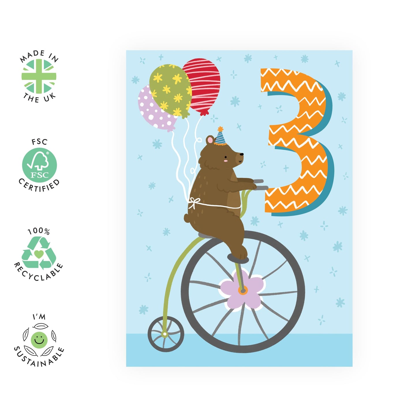 3rd Birthday Card Boys Girls - Bear Age 3 Birthday - Baby Milestone Cards Age Three - Third Birthday Cards - Animal - Gifts For Son Daughter Niece Nephew - Comes With Stickers By Central