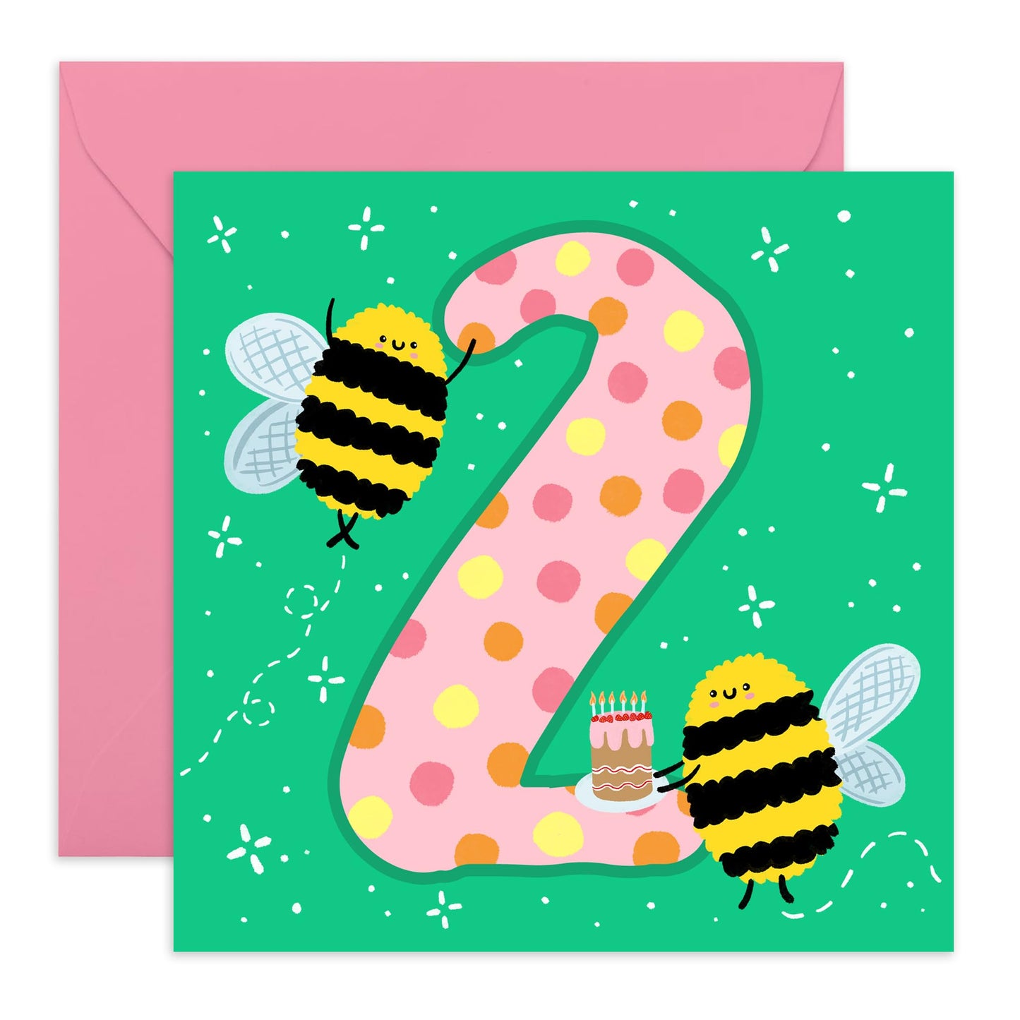 2nd Birthday Card Girl Boy - Happy Birthday Cards For Kids Two Year Old - Second Birthday Cards For Son - Baby Milestone Age Cards Green - Bee Gifts For Daughter - Comes With Stickers By Central 23