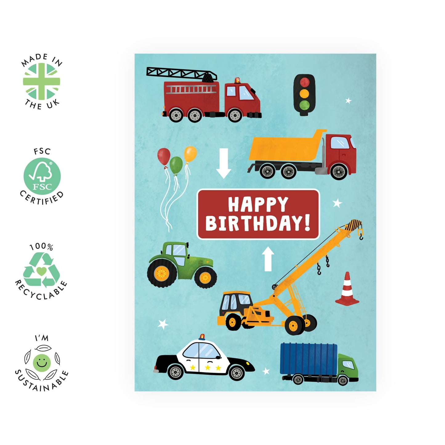 Boys Birthday Cards - Vehicles Police Car Fire Engine Trucks - Kids Birthday Card - Greeting Cards For Son Brother Nephew Grandson - 1st 2nd 7th Birthday - Comes With Stickers - By Central 23
