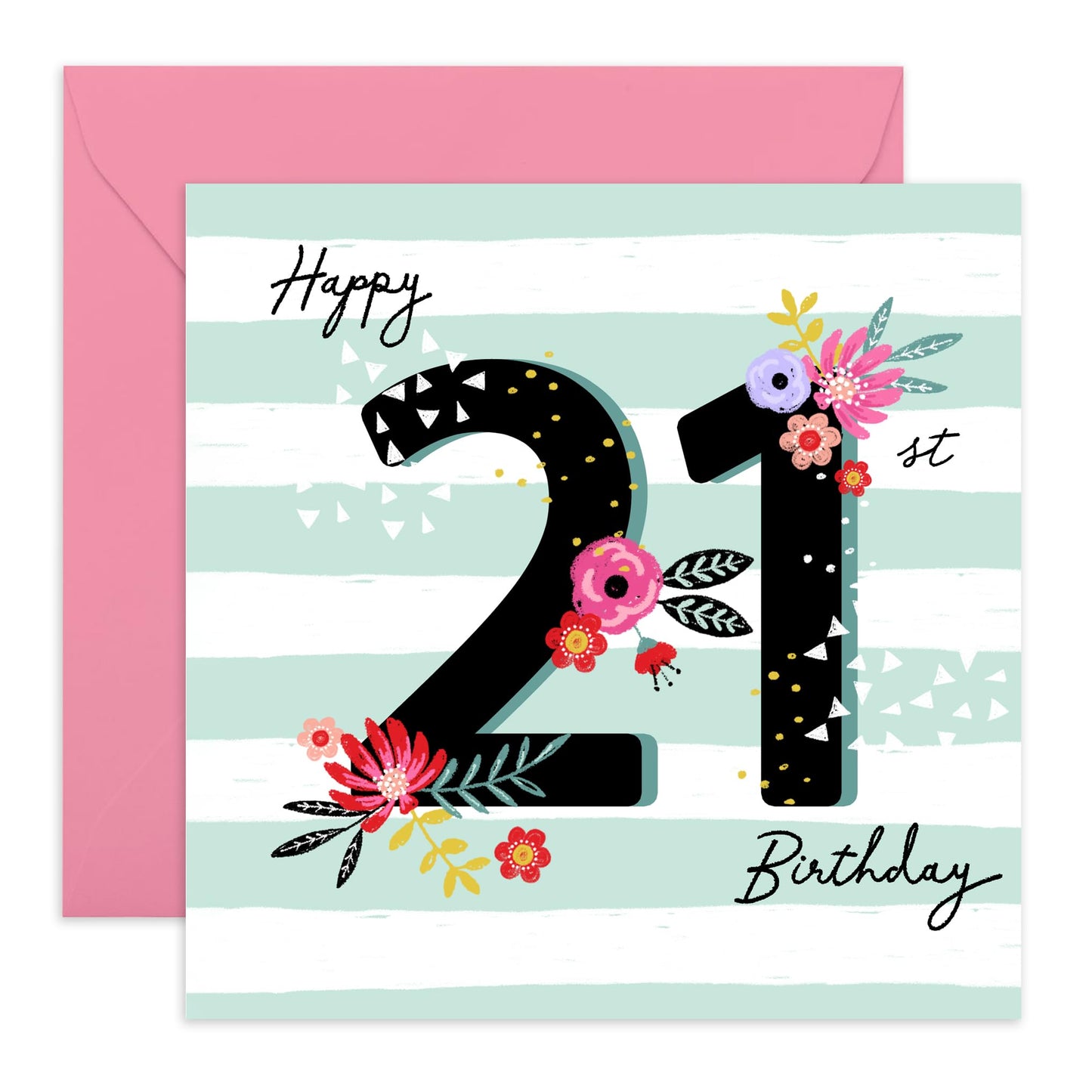 Floral Birthday Card For Her - 21st Birthday Floral Striped Background - Happy Twenty-first Birthday Card - Gifts For Daughter Niece - From Mum Dad - Comes With Fun Stickers By Central