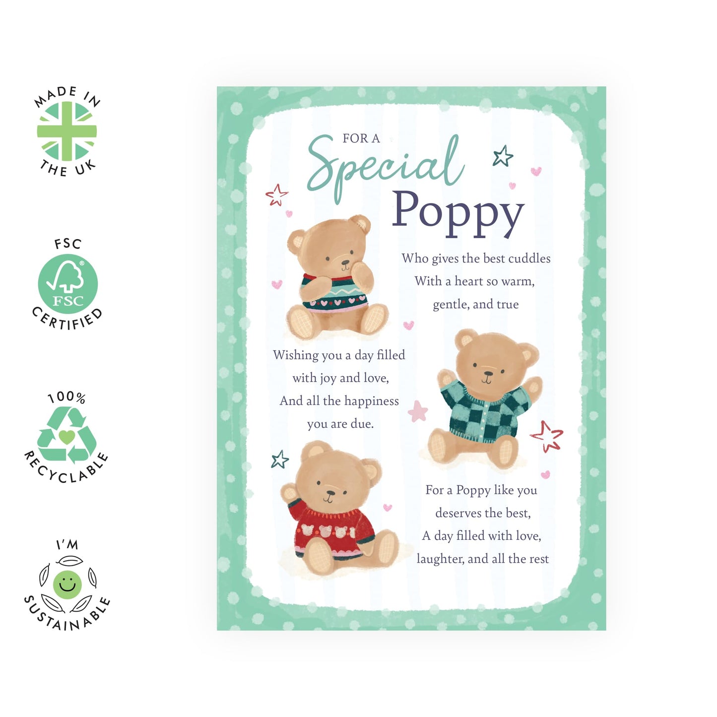 Grandfather's Sweet Greeting Card - 'Teddy Poppy' - Gifts for Grandad, Grandpa, Grandpa, Gramps, Grampa - Cuddles For You - Comes with Fun Stickers