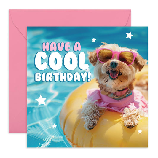 Cute Dog Birthday Card - 'Have a Cool Birthday' - Present for Dog & Pet Lovers, Fur Parents, Bully Owners - Enjoy Your Party - Comes with Fun Stickers