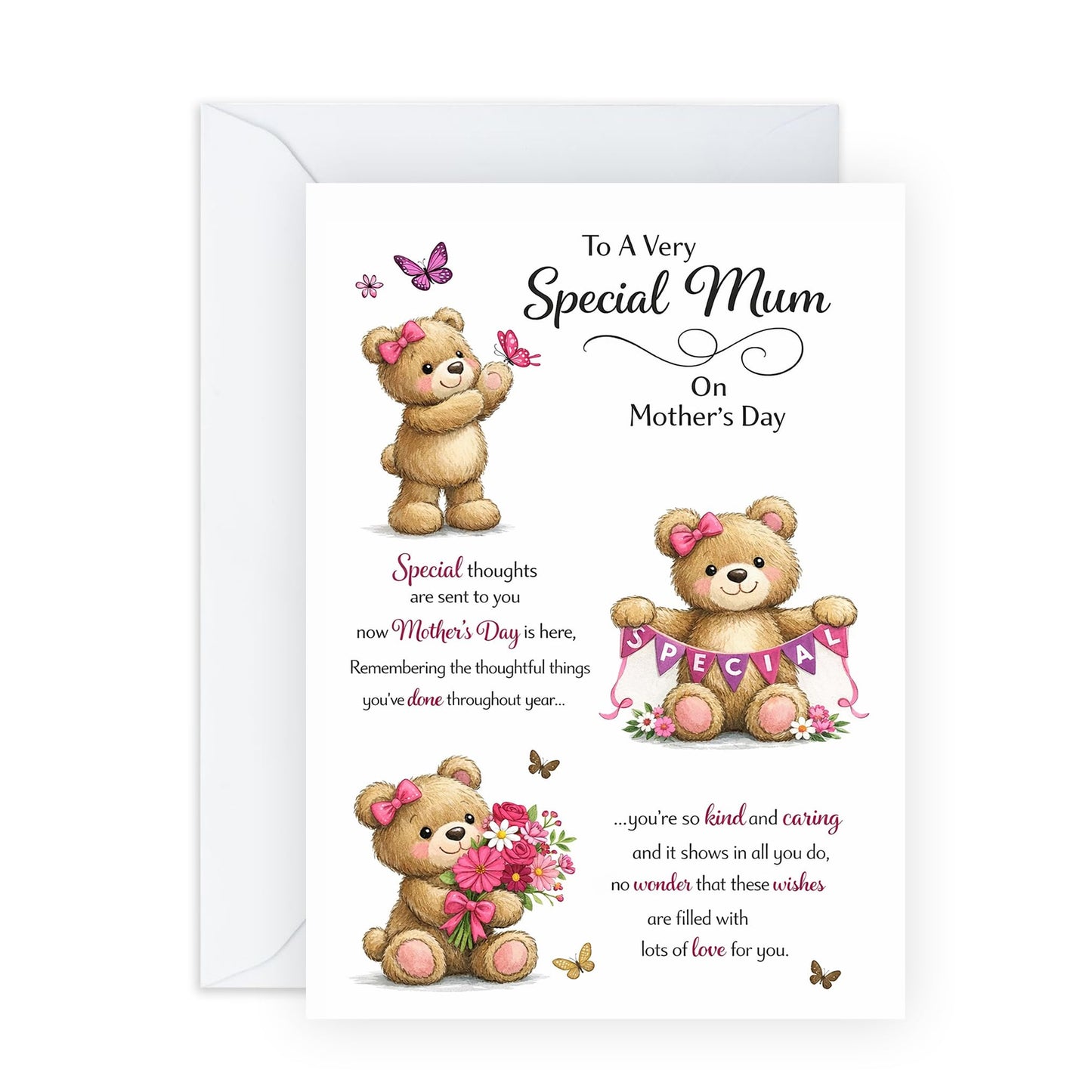 Thoughtful Mother’s Day Card – Mum Teddy Bear Pink Flowers Butterfly Design for Mama Mums Mummy Her Wife Ladies Women from Family - Thank You, Kind and Caring -Comes with Sweet Stickers