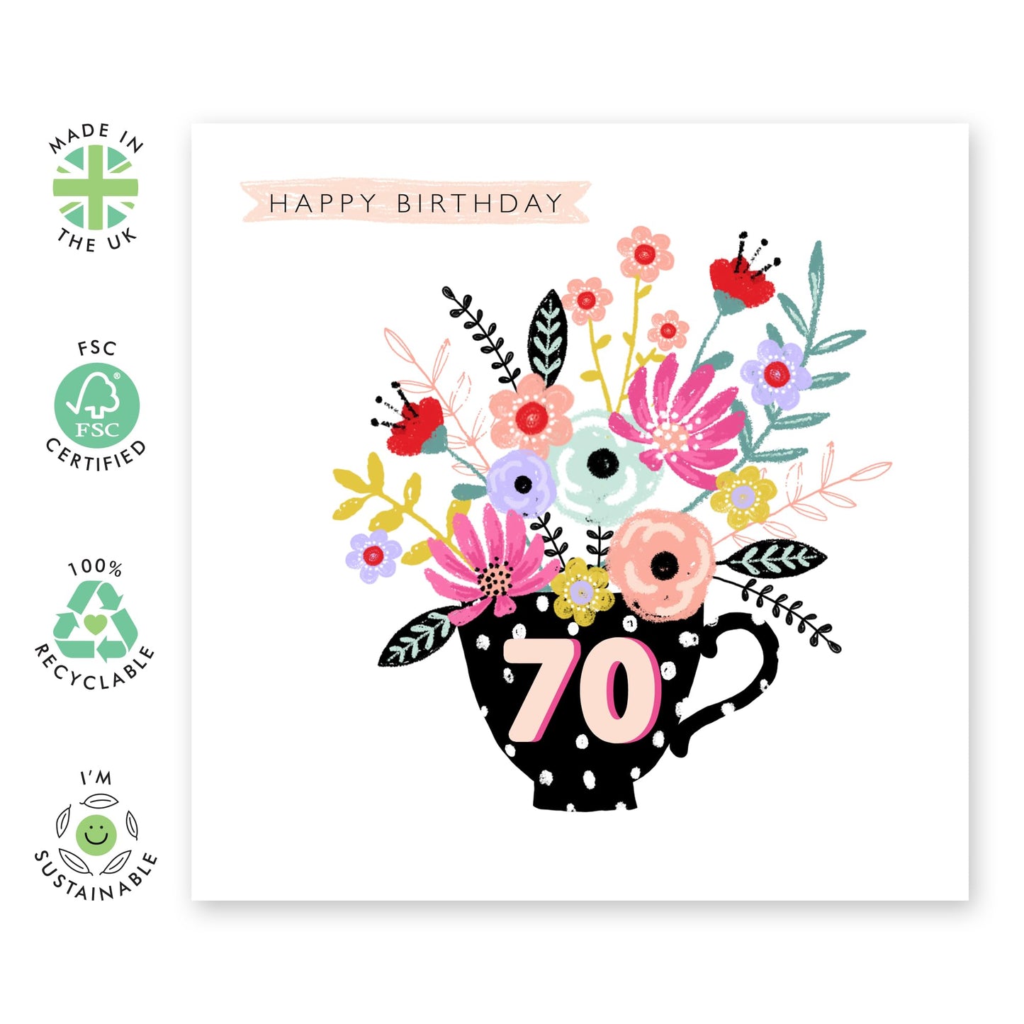 Womens Birthday Card - Floral Teacup - Cute 70th Birthday Card For Her - Age 70 - Birthday Gifts For Mum Grandma Aunt - Comes With Stickers - By Central 23