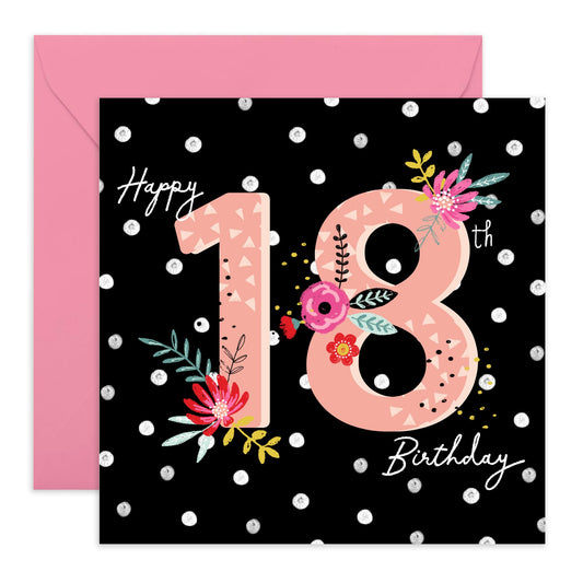 18th Birthday Card For Her - Happy 18th Polkadot Birthday - Happy Eighteenth Birthday Cards Daughter - 18 Year Old Gifts For Best Friend - Floral Bday Card - Comes With Stickers By Central 23
