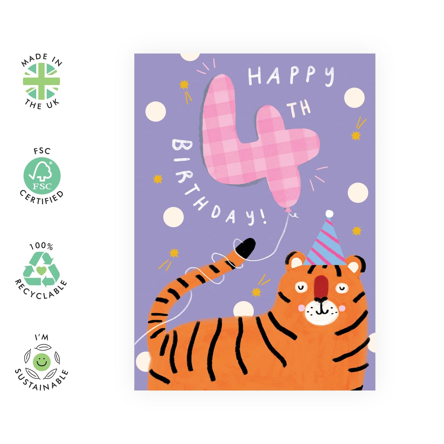 4th Birthday Card Girl - Tiger Balloon - Kids Birthday Card - Age 4 - Boys Birthday Cards Four Year Old - Gifts For Son Daughter Grandson Granddaughter - Comes With Stickers - By Central 23