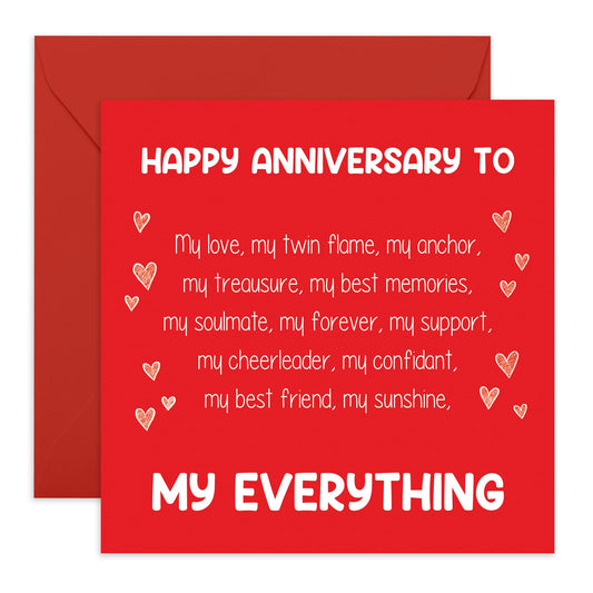 Romantic Red Anniversary Card - "Happy Anniversary to My Everything" - Heartfelt Love Greeting Card for Partner, Husband, Wife, Boyfriend, or Girlfriend- Comes with Fun Stickers