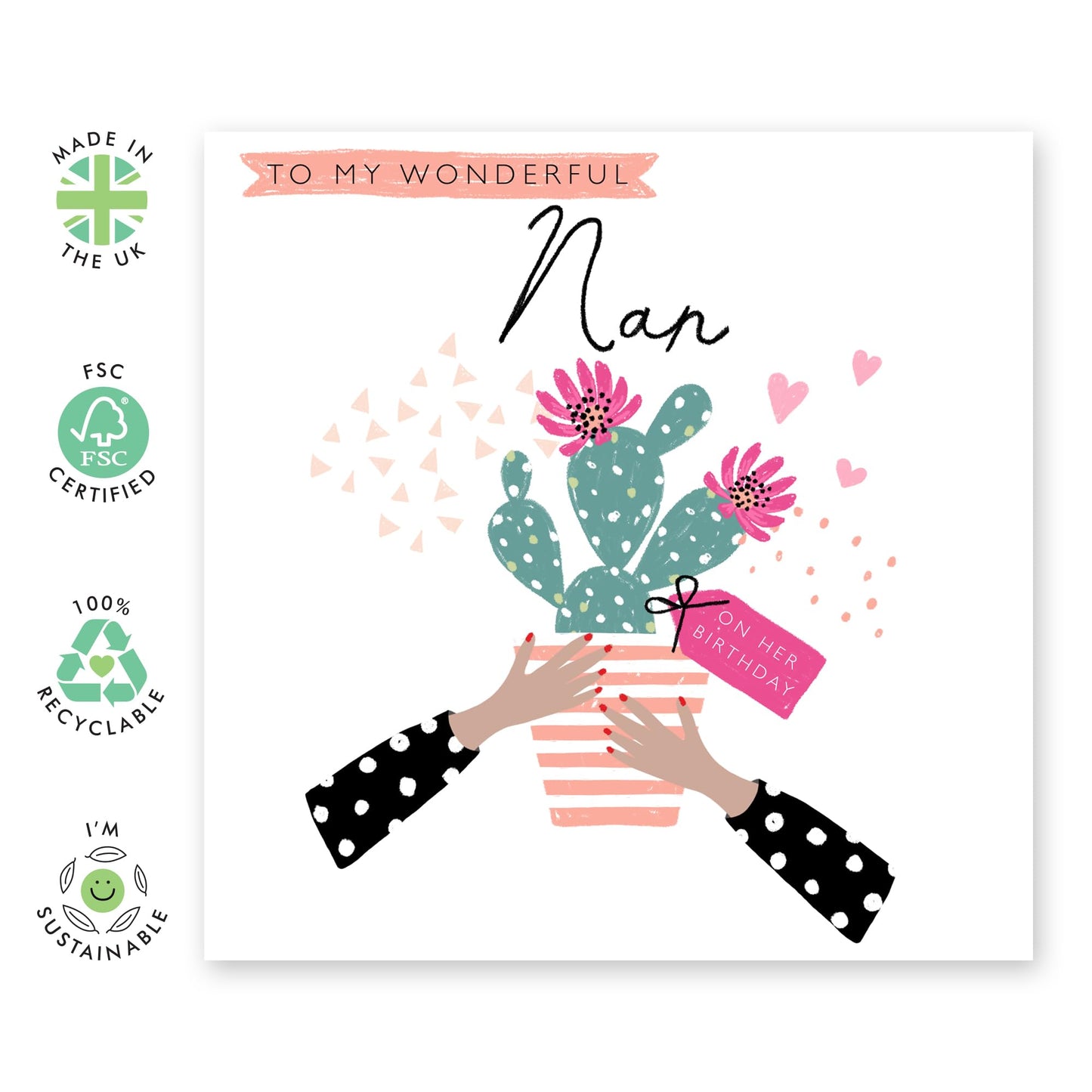 Happy Birthday Cards For Nan - To My Wonderful Nan - Birthday Card For Her Women - Grandma Greeting Cards Cactus and Flowers - Nanny Grandmother Granny Gifts - Comes With Fun Stickers By Central 23
